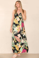6Pcs Black Palm Leaf Print Strappy Maxi Dress