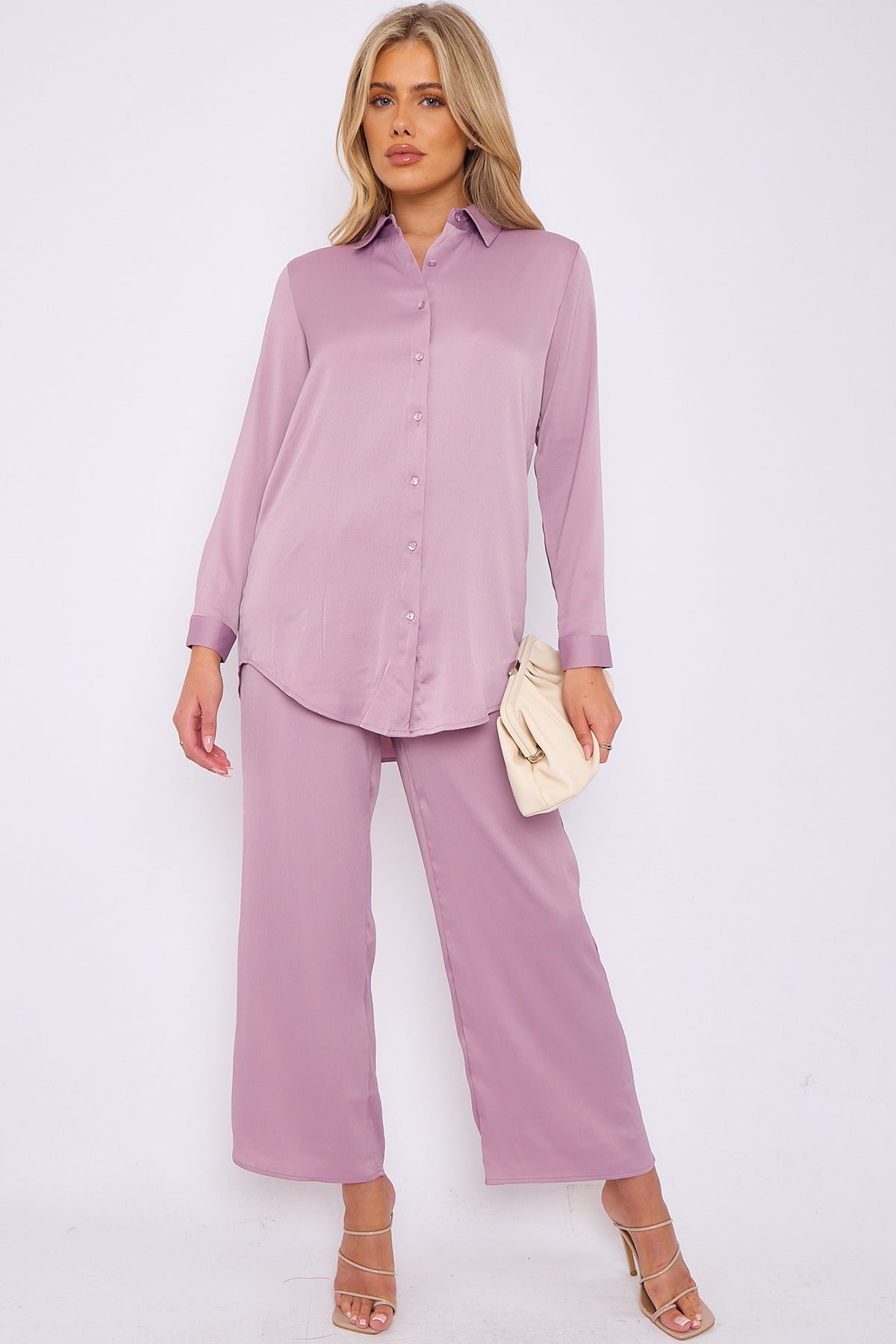 6Pcs Dusty Pink Crepe Satin Co-ord Shirt and Trousers Set