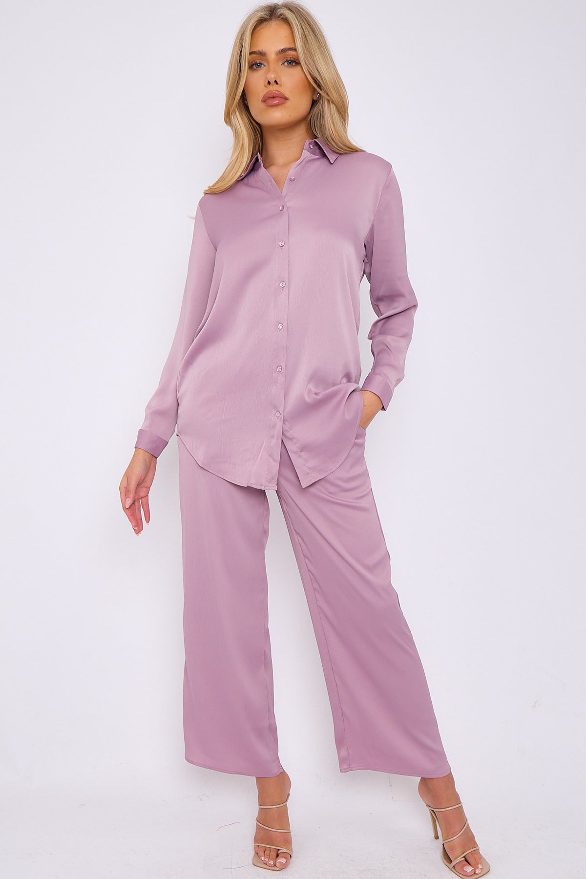 6Pcs Dusty Pink Crepe Satin Co-ord Shirt and Trousers Set