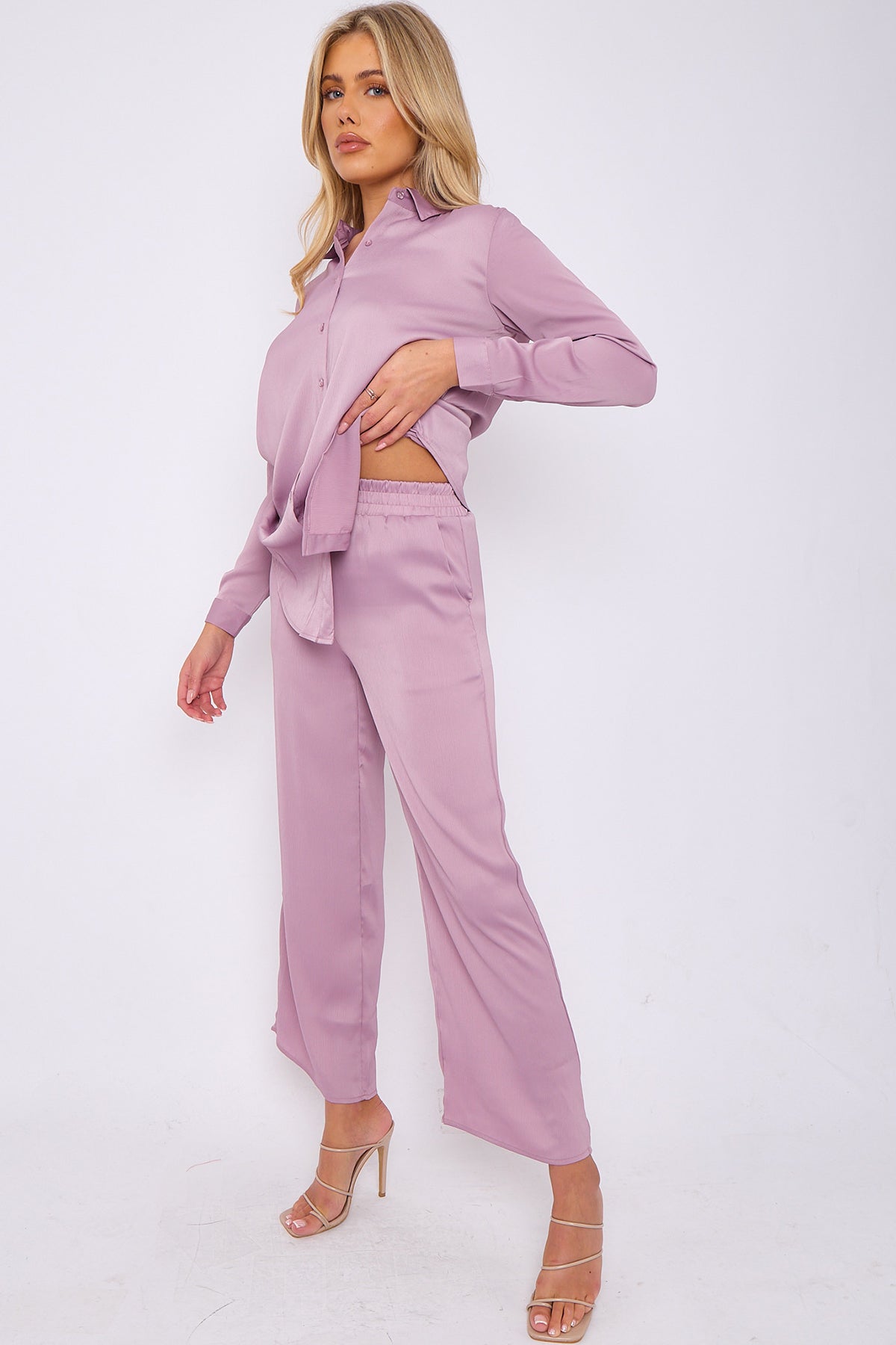 6Pcs Dusty Pink Crepe Satin Co-ord Shirt and Trousers Set