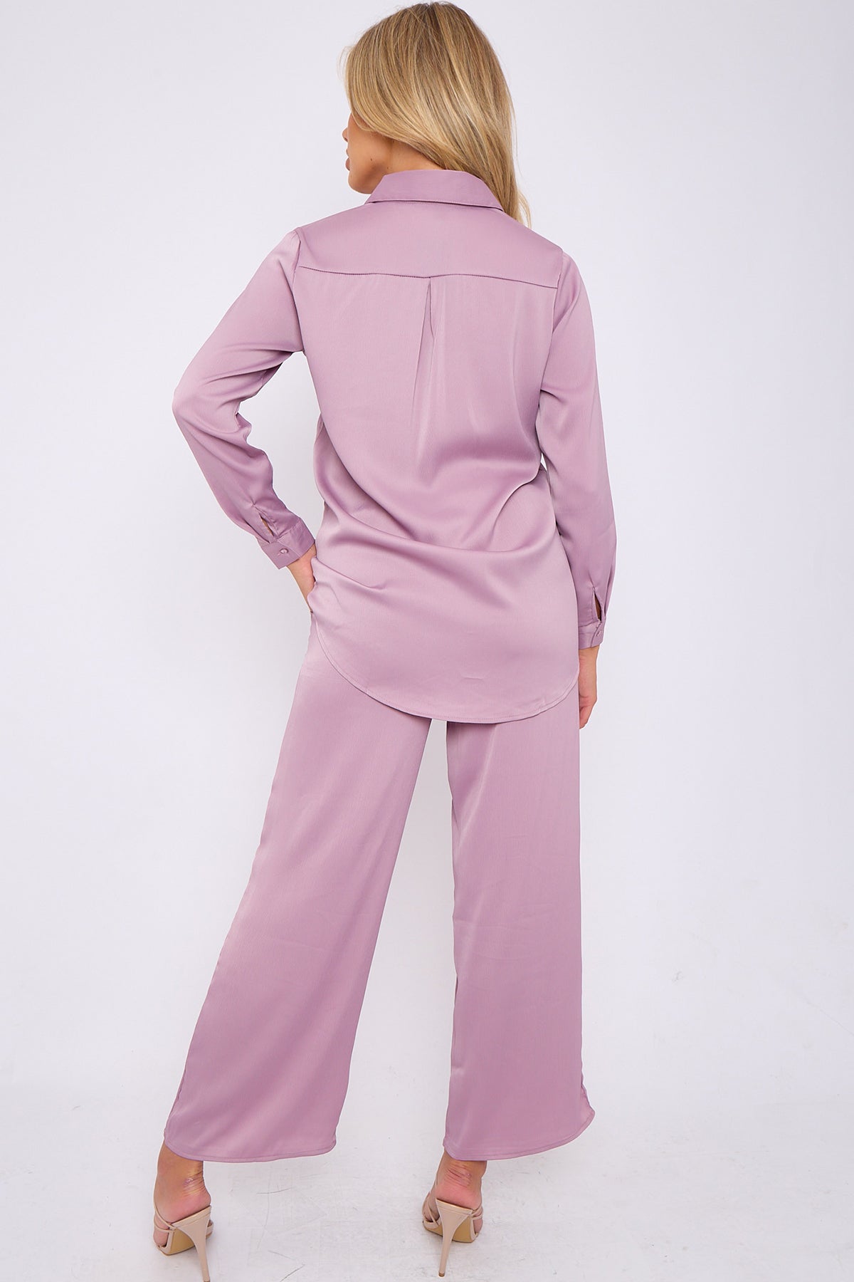 6Pcs Dusty Pink Crepe Satin Co-ord Shirt and Trousers Set