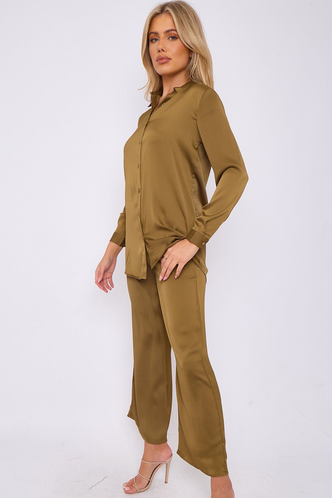 6Pcs Olive Crepe Satin Co-ord Shirt and Trousers Set