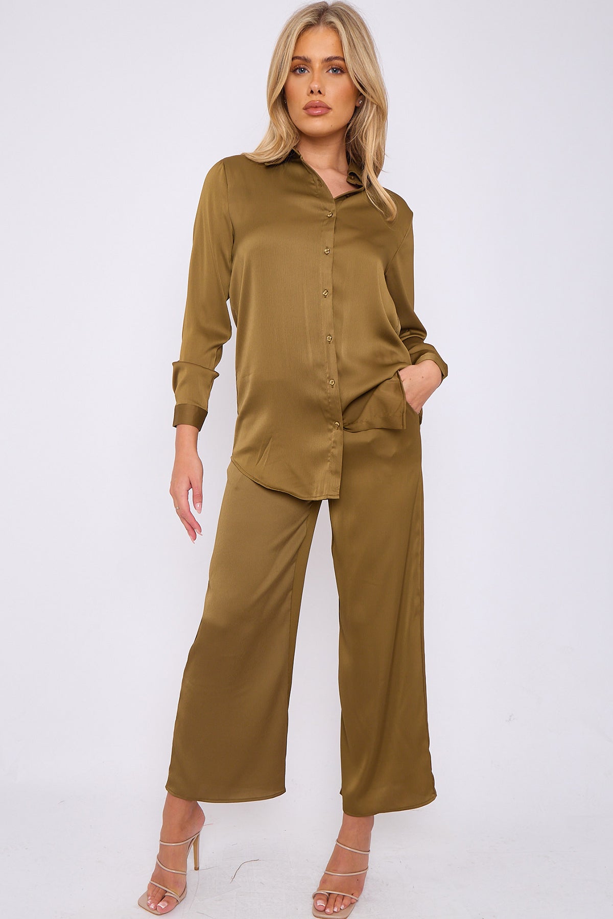 6Pcs Olive Crepe Satin Co-ord Shirt and Trousers Set