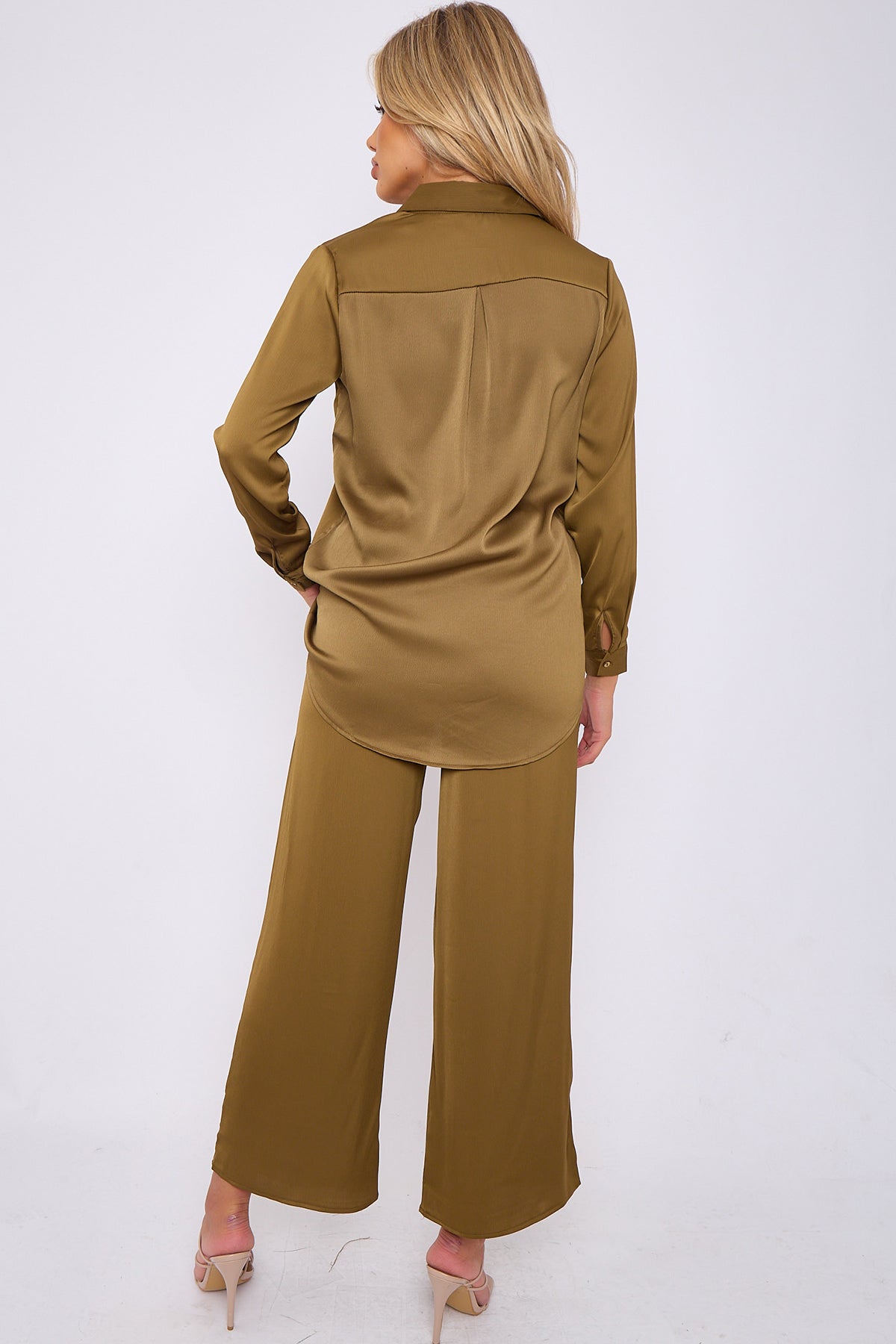 6Pcs Olive Crepe Satin Co-ord Shirt and Trousers Set