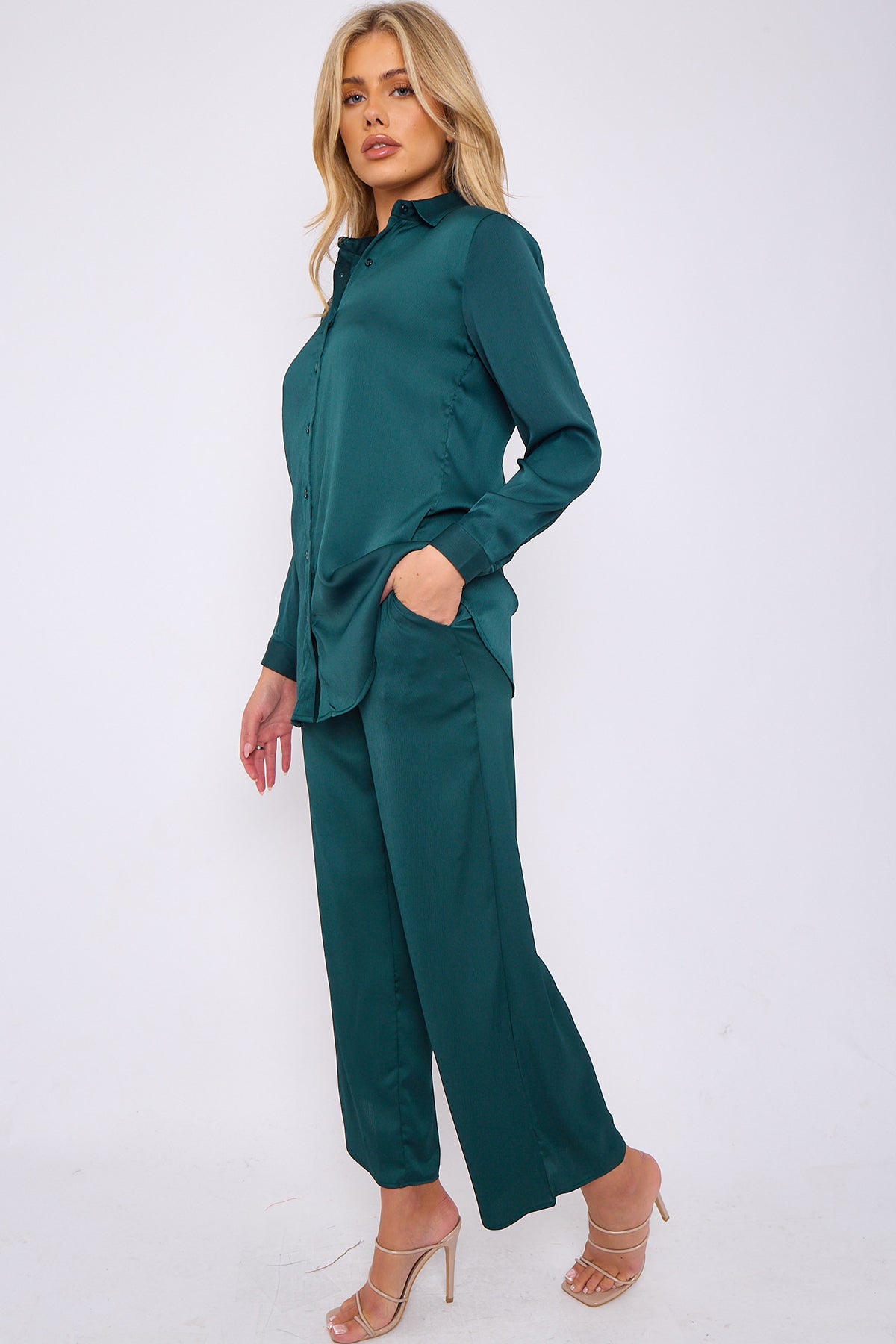 6Pcs Bottle Green Crepe Satin Co-ord Shirt and Trousers Set