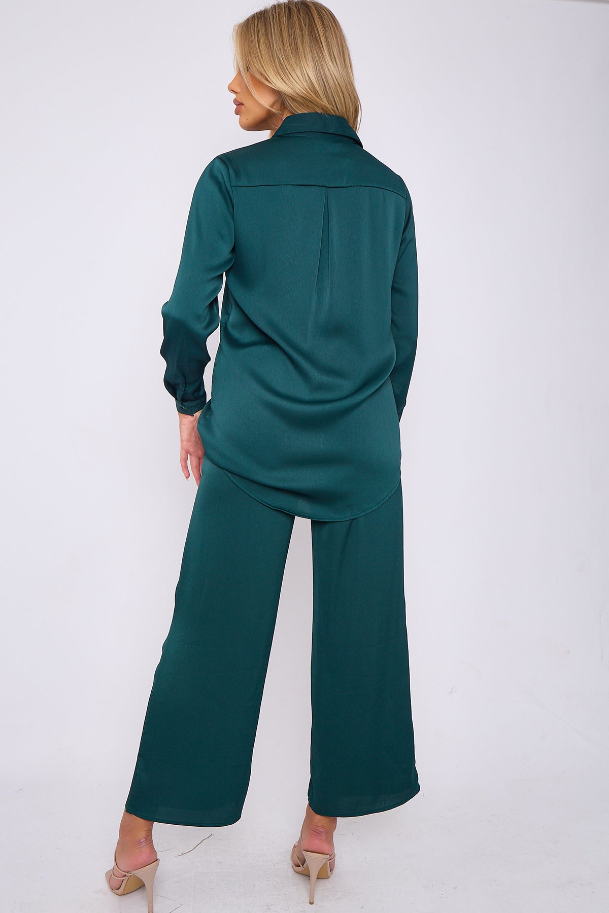 6Pcs Bottle Green Crepe Satin Co-ord Shirt and Trousers Set