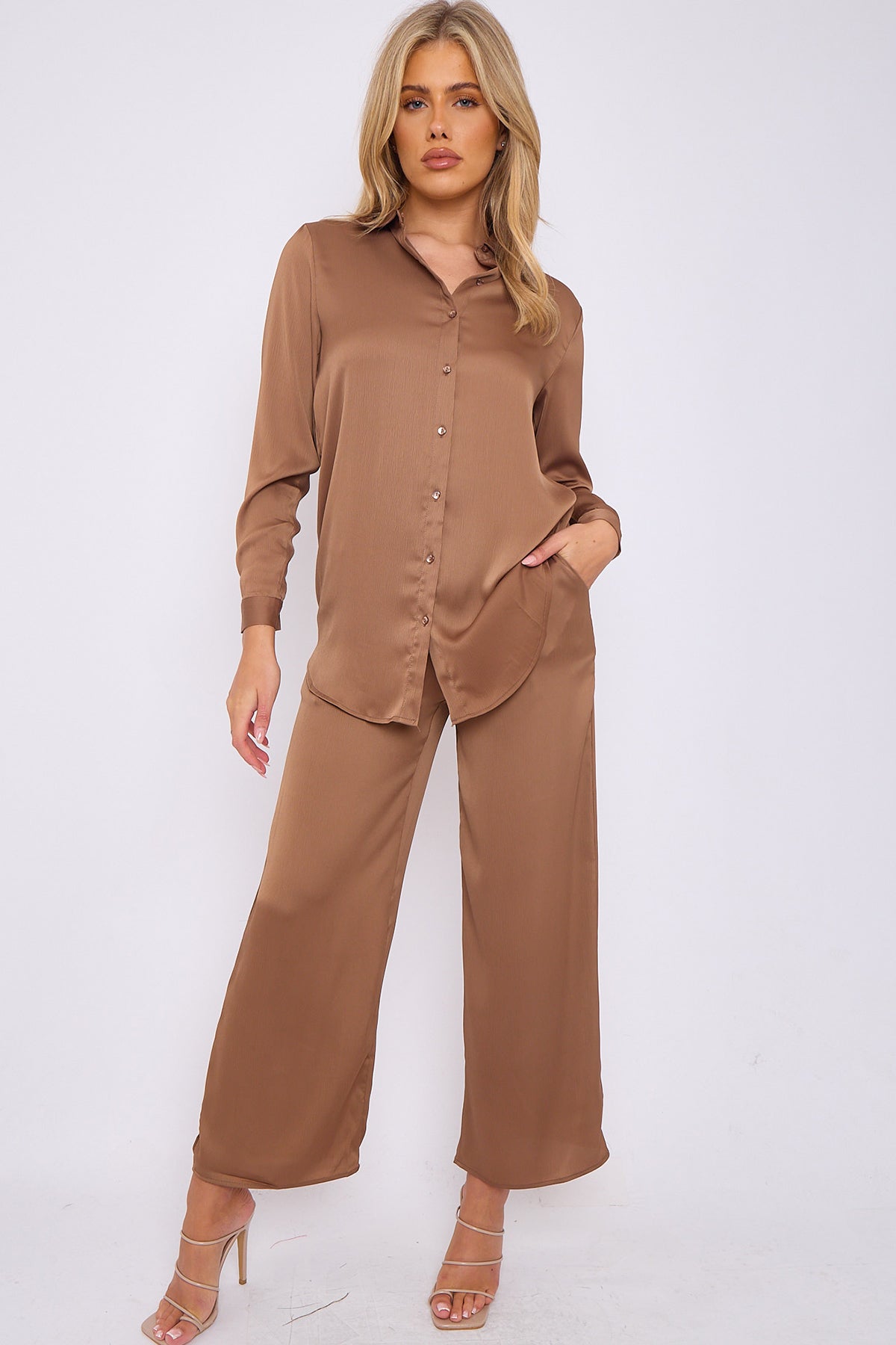 6Pcs Chestnut Crepe Satin Co-ord Shirt and Trousers Set