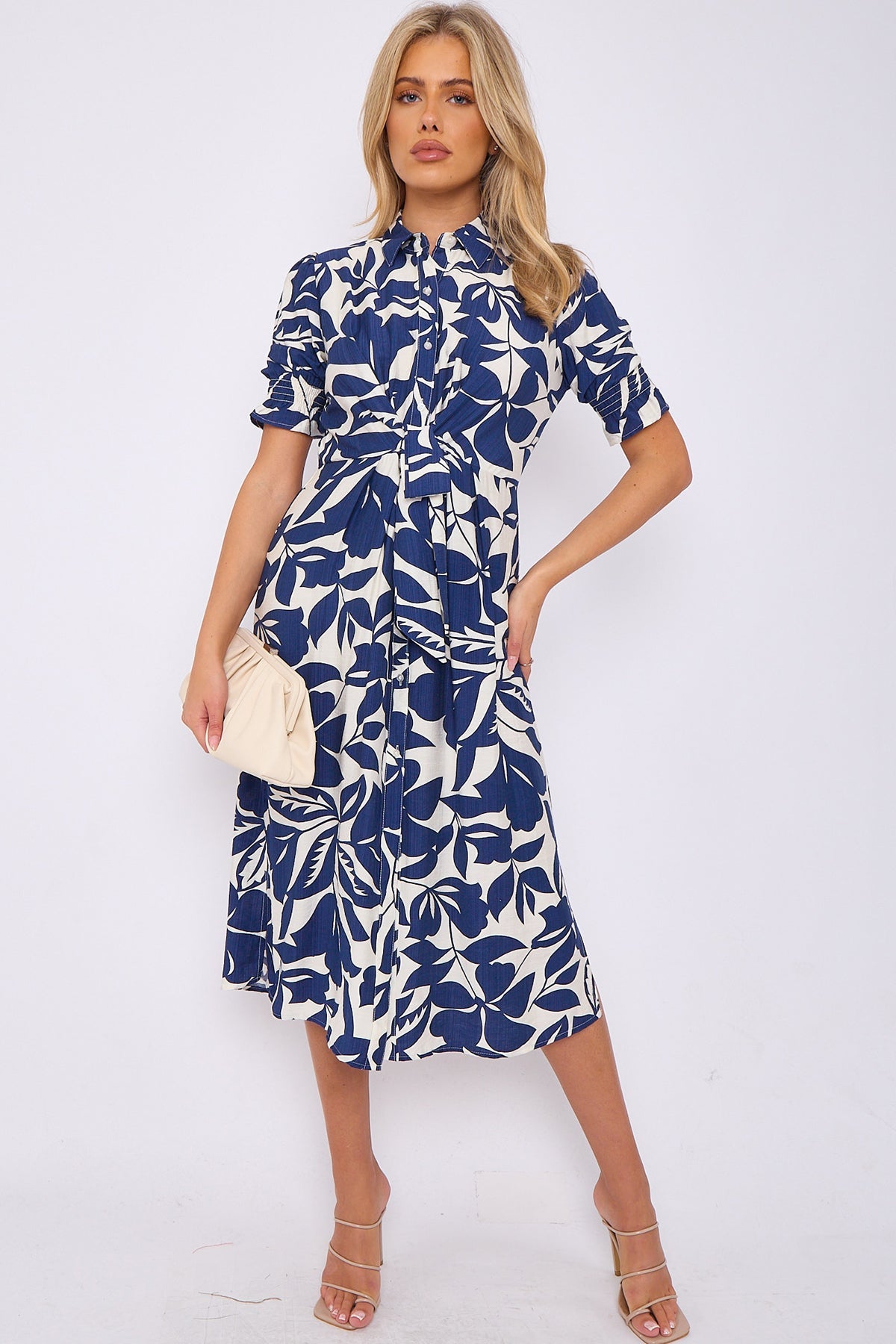 8Pcs Navy Floral Print Baloon Sleeve Knot Waist Midi Dress