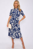 8Pcs Navy Floral Print Baloon Sleeve Knot Waist Midi Dress
