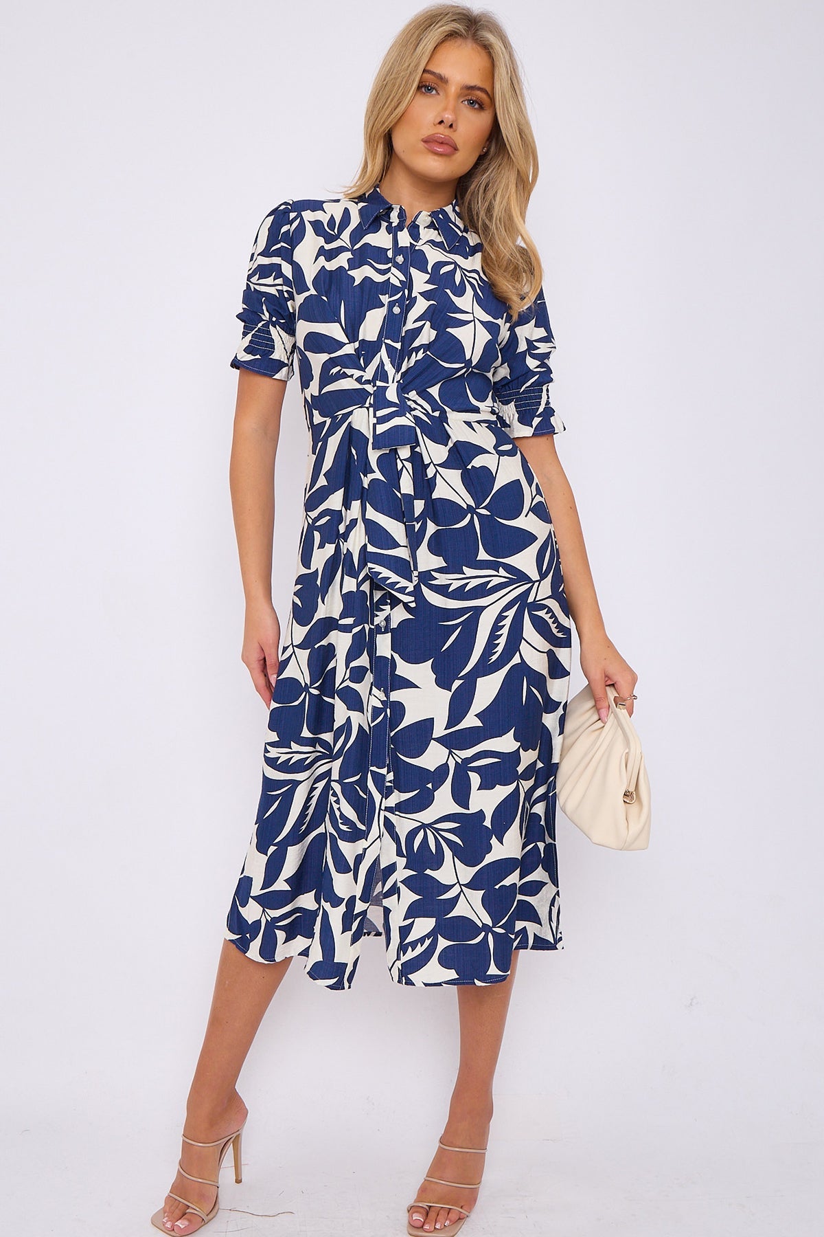 8Pcs Navy Floral Print Baloon Sleeve Knot Waist Midi Dress