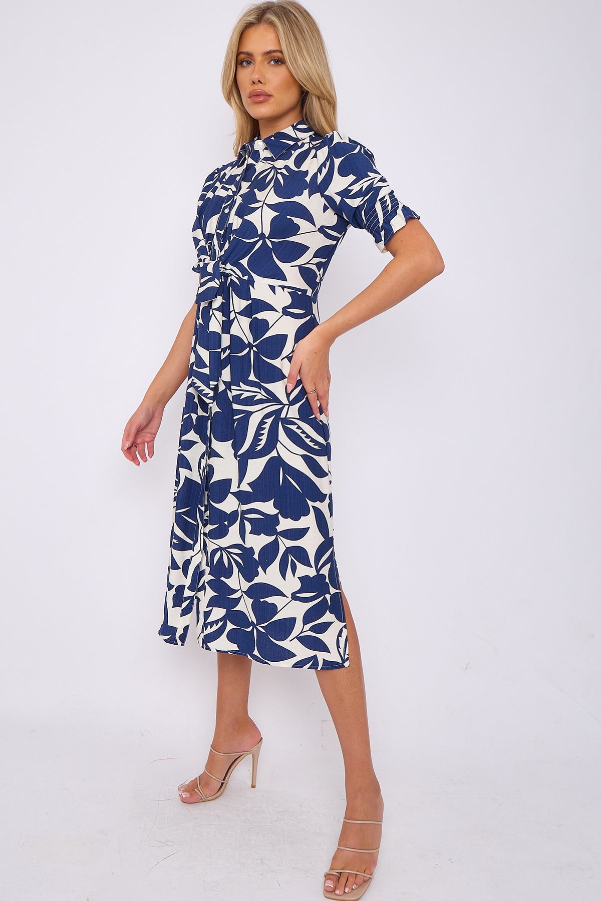 8Pcs Navy Floral Print Baloon Sleeve Knot Waist Midi Dress