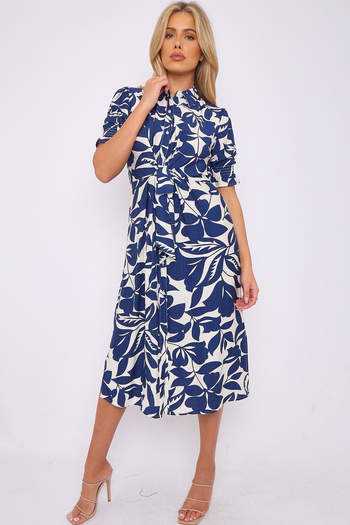 8Pcs Navy Floral Print Baloon Sleeve Knot Waist Midi Dress