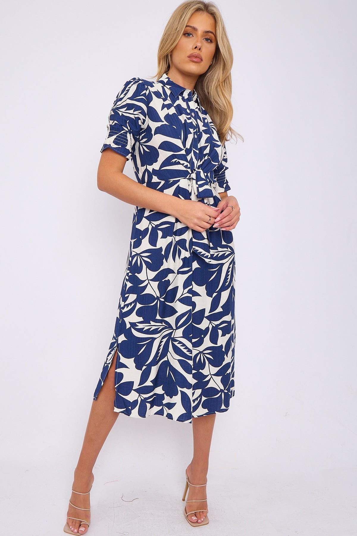 8Pcs Navy Floral Print Baloon Sleeve Knot Waist Midi Dress