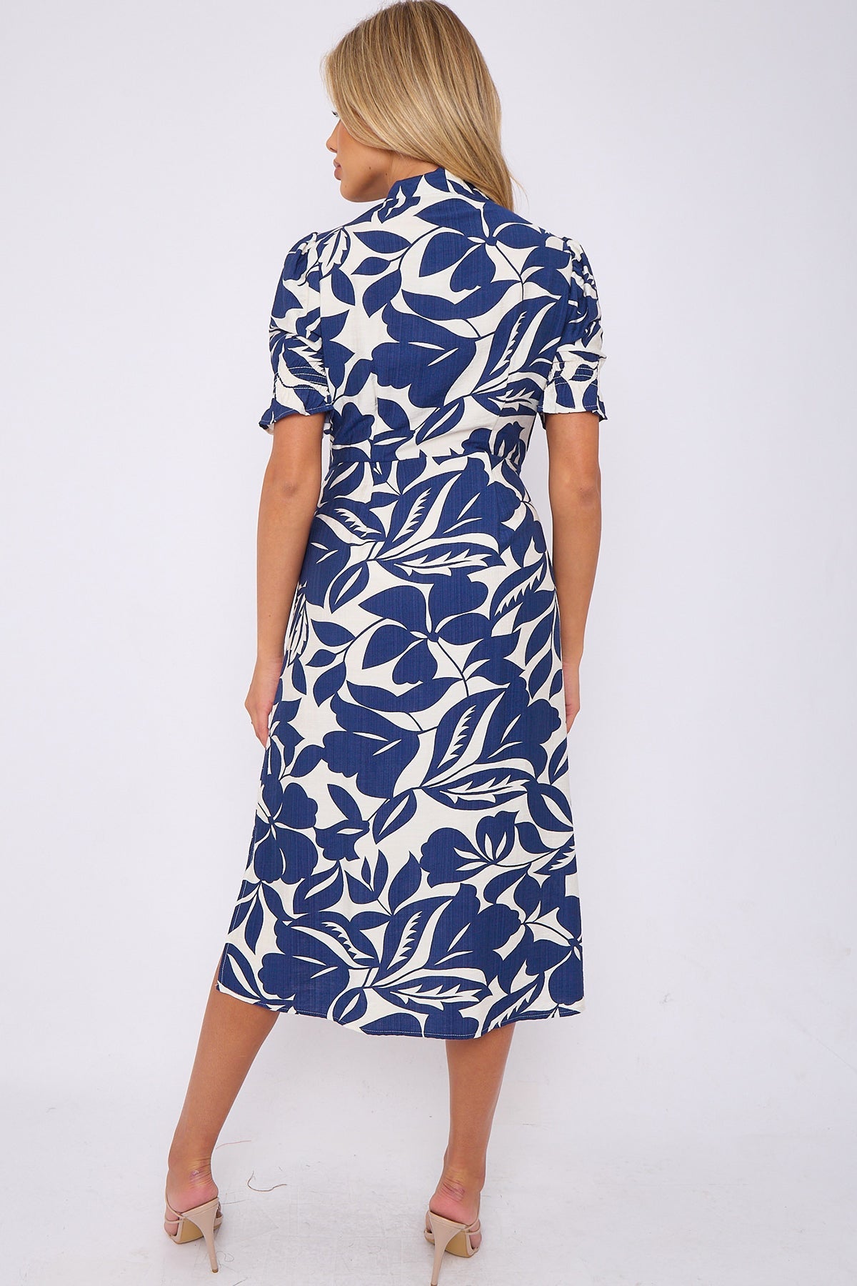 8Pcs Navy Floral Print Baloon Sleeve Knot Waist Midi Dress