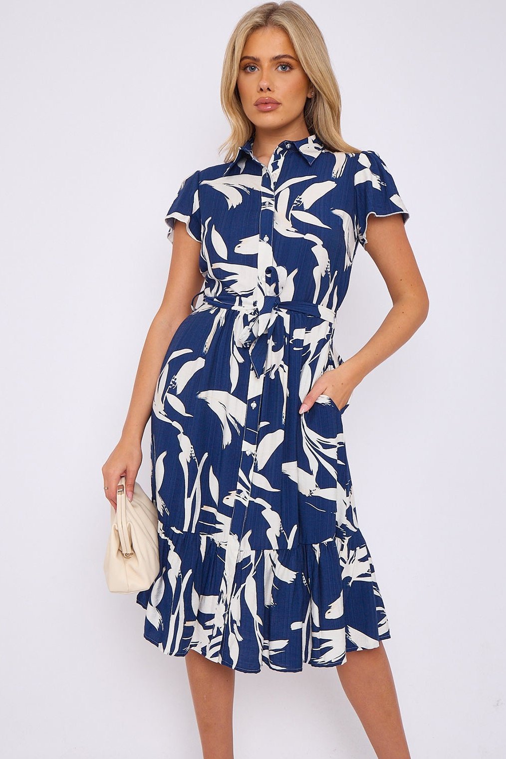 8Pcs Blue Abstract Leaf Printed Frilled Hem Midi Dress
