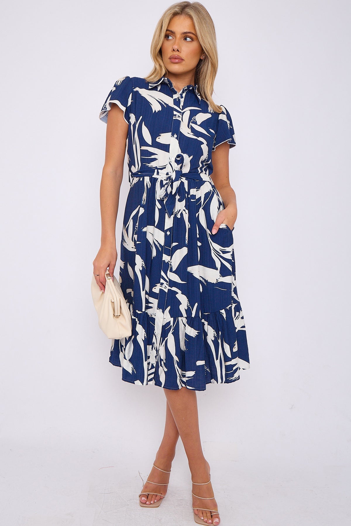 8Pcs Blue Abstract Leaf Printed Frilled Hem Midi Dress