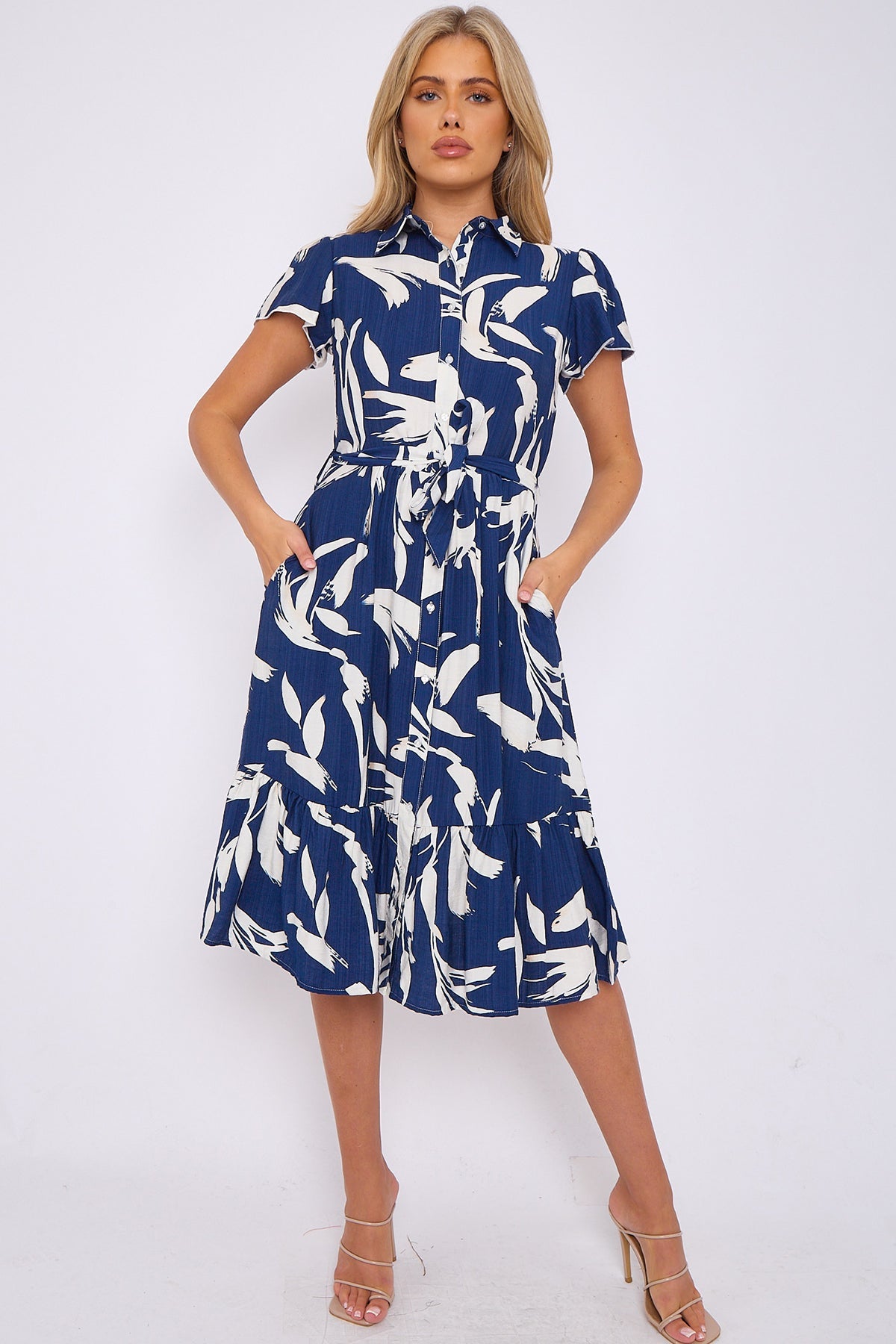 8Pcs Blue Abstract Leaf Printed Frilled Hem Midi Dress