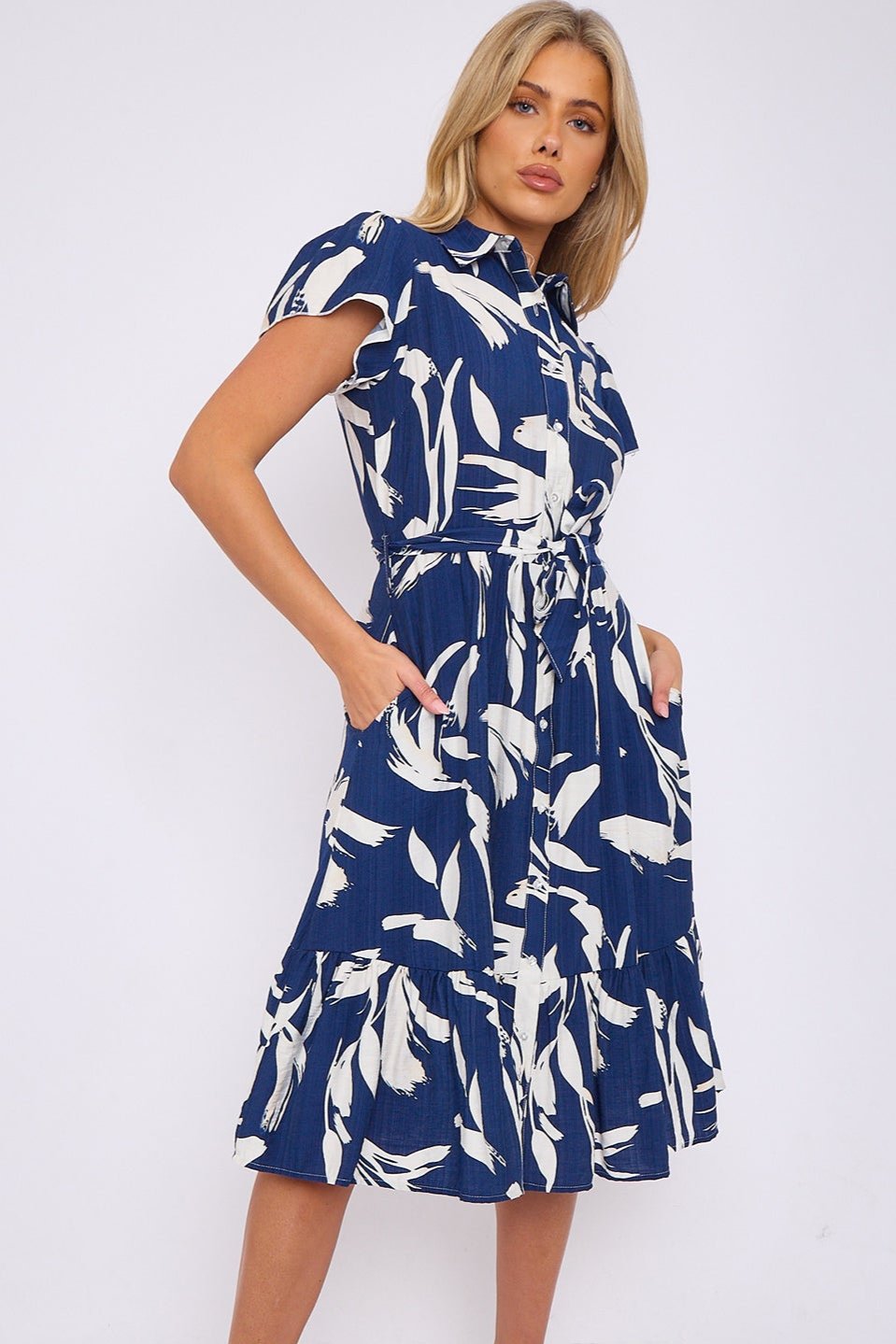8Pcs Blue Abstract Leaf Printed Frilled Hem Midi Dress