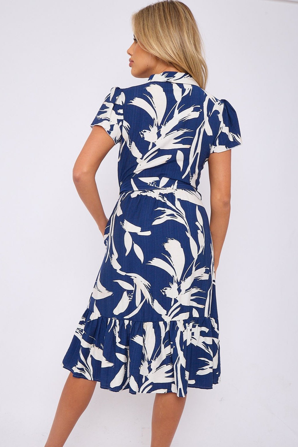 8Pcs Blue Abstract Leaf Printed Frilled Hem Midi Dress