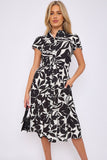 8Pcs Black Leaf Printed Frilled Hem Midi Dress