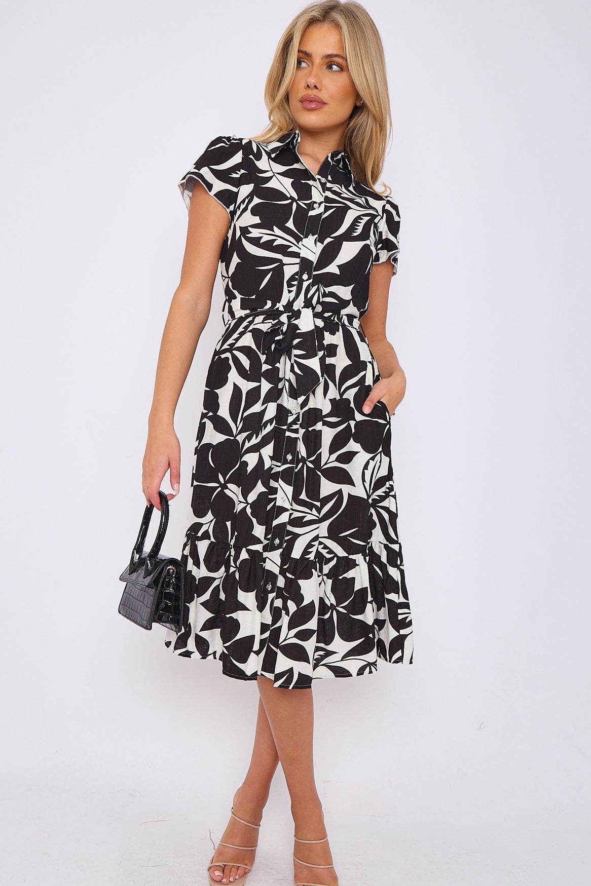 8Pcs Black Leaf Printed Frilled Hem Midi Dress