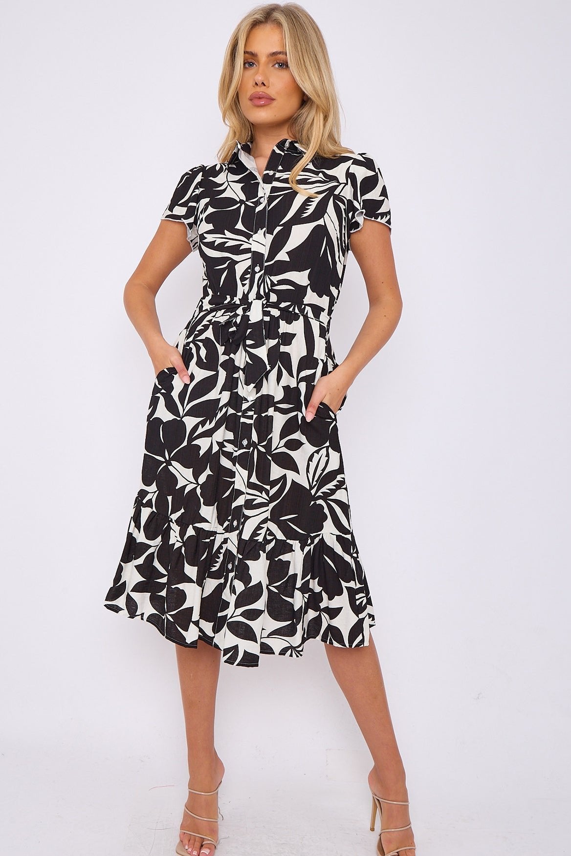 8Pcs Black Leaf Printed Frilled Hem Midi Dress