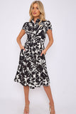 8Pcs Black Leaf Printed Frilled Hem Midi Dress