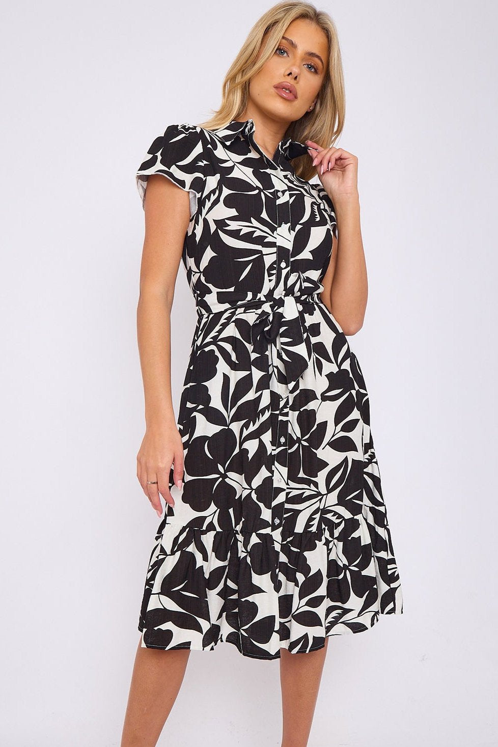 8Pcs Black Leaf Printed Frilled Hem Midi Dress