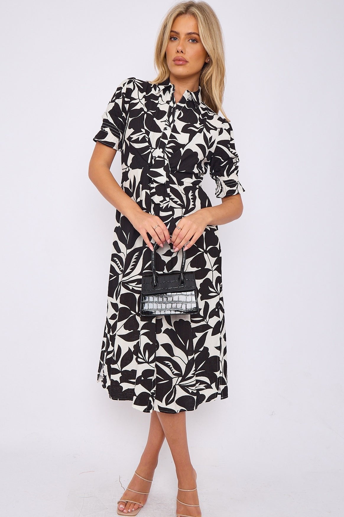 8Pcs Black Floral Print Baloon Sleeve Knot Waist Midi Dress