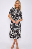 8Pcs Black Floral Print Baloon Sleeve Knot Waist Midi Dress
