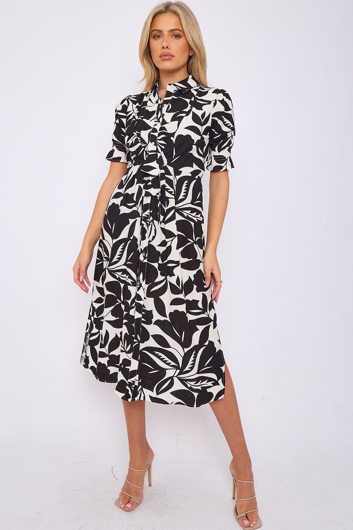 8Pcs Black Floral Print Baloon Sleeve Knot Waist Midi Dress
