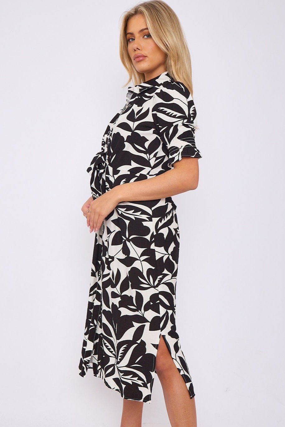 8Pcs Black Floral Print Baloon Sleeve Knot Waist Midi Dress
