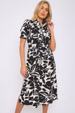 8Pcs Black Floral Print Baloon Sleeve Knot Waist Midi Dress