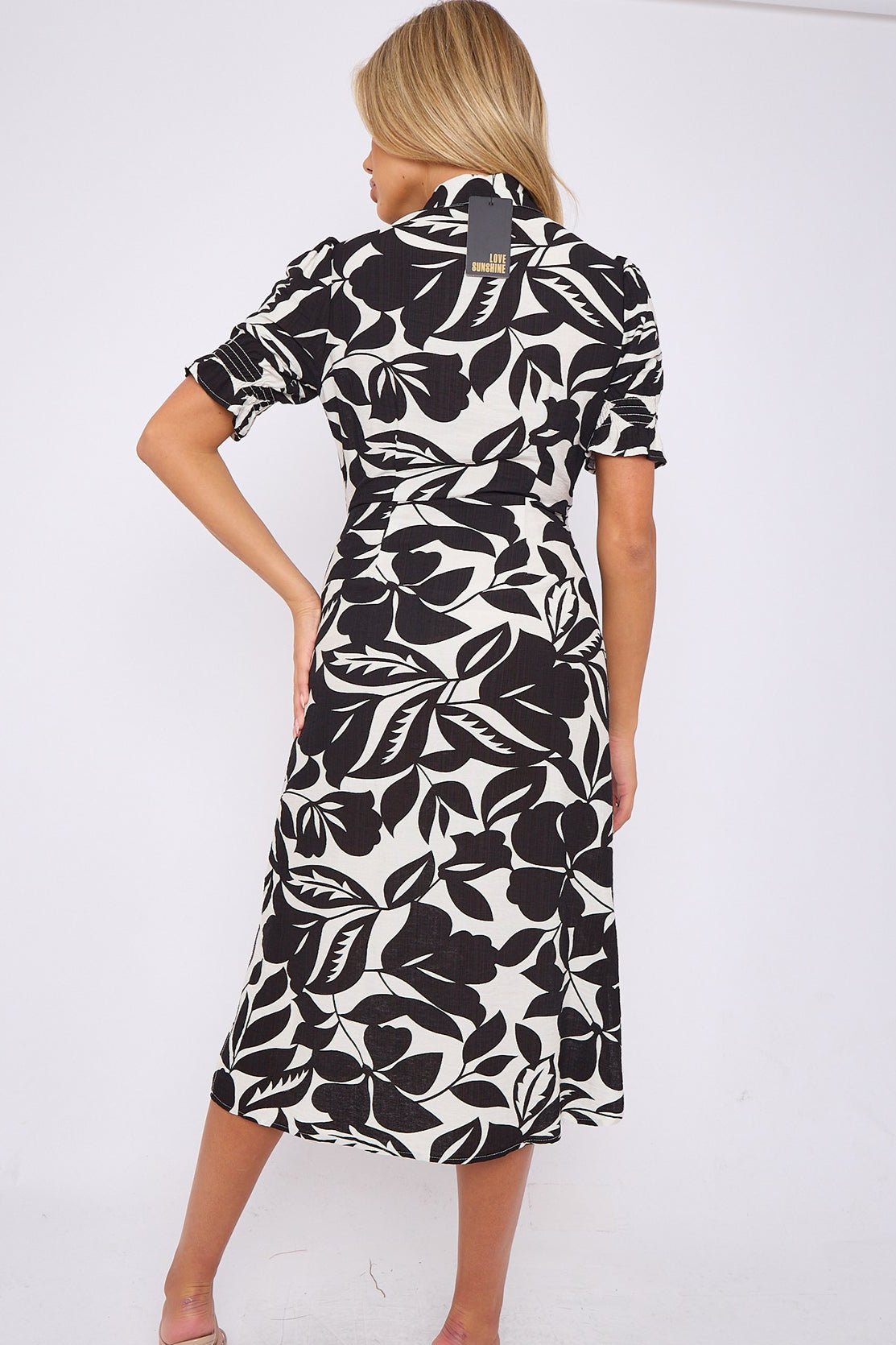 8Pcs Black Floral Print Baloon Sleeve Knot Waist Midi Dress