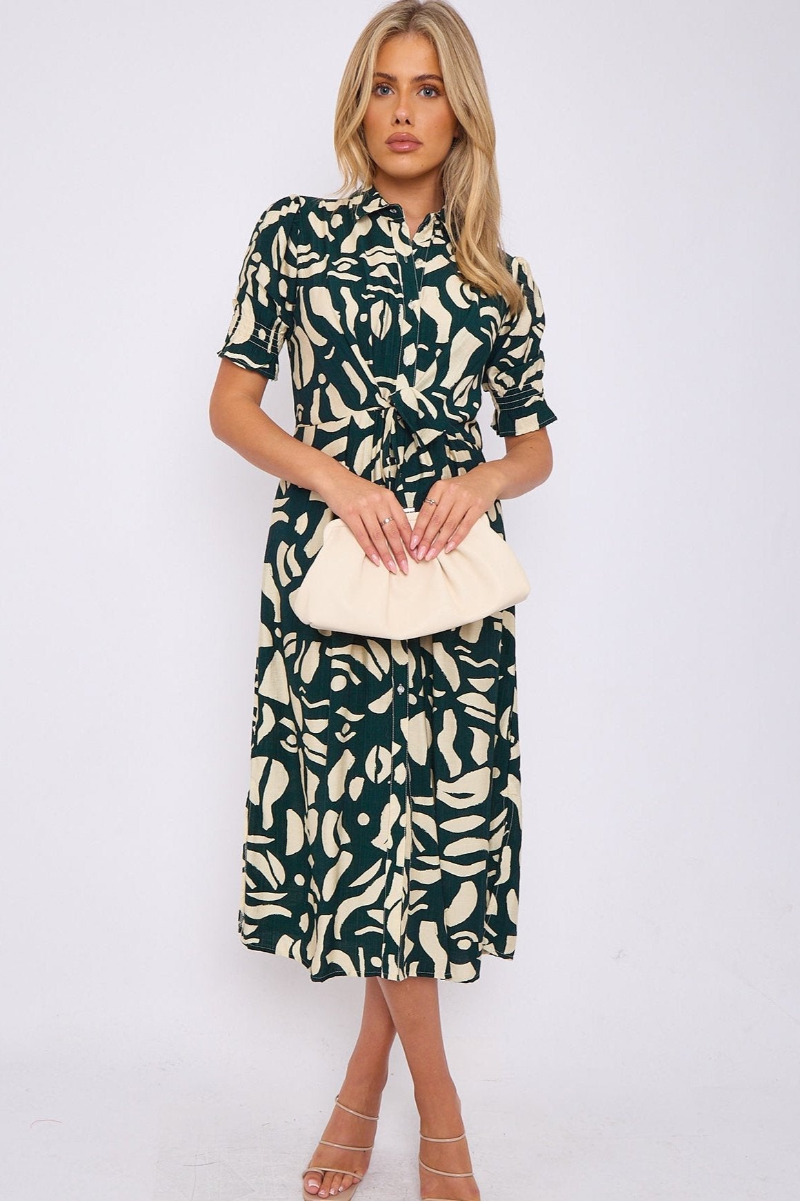 8Pcs Emerald Abstract Print Short Sleeve Knot Waist Midi Dress