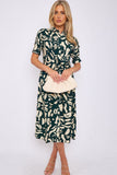 8Pcs Emerald Abstract Print Short Sleeve Knot Waist Midi Dress