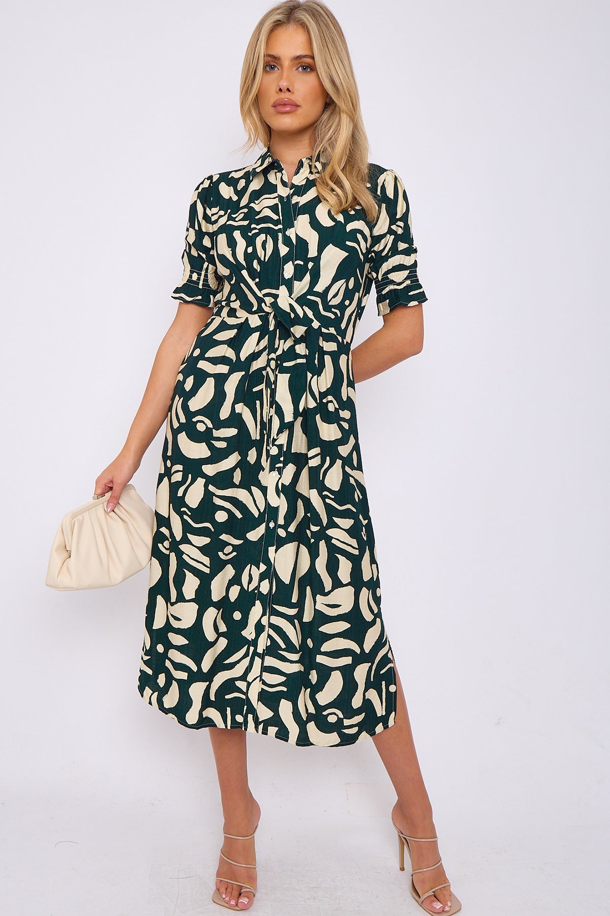 8Pcs Emerald Abstract Print Short Sleeve Knot Waist Midi Dress