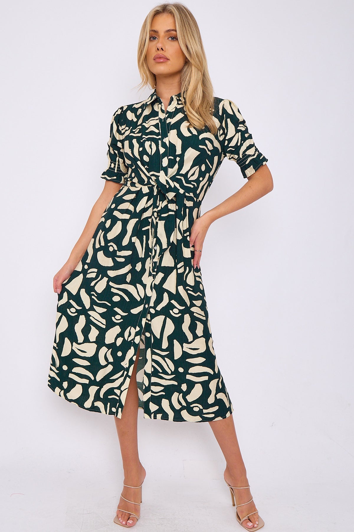 8Pcs Emerald Abstract Print Short Sleeve Knot Waist Midi Dress