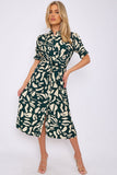 8Pcs Emerald Abstract Print Short Sleeve Knot Waist Midi Dress