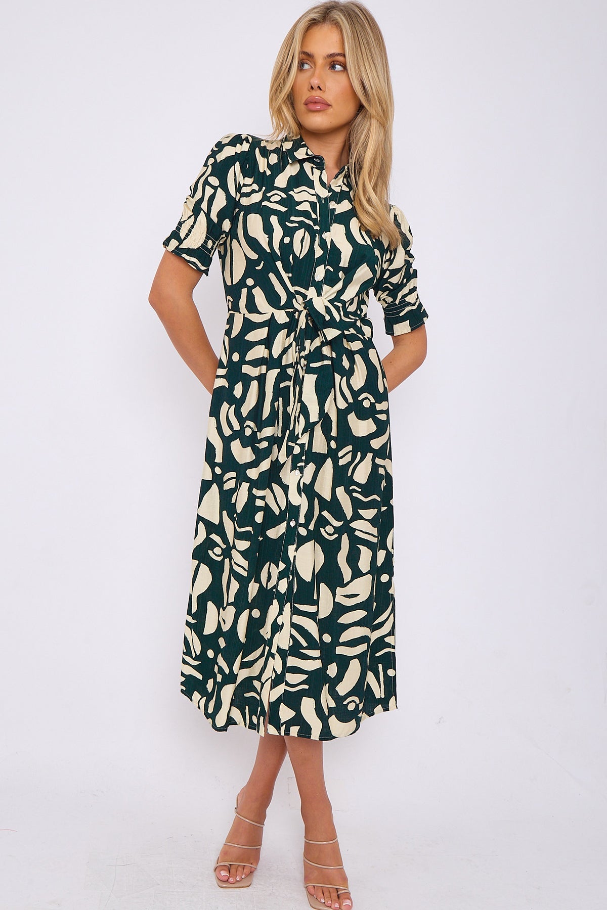 8Pcs Emerald Abstract Print Short Sleeve Knot Waist Midi Dress
