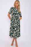 8Pcs Emerald Abstract Print Short Sleeve Knot Waist Midi Dress