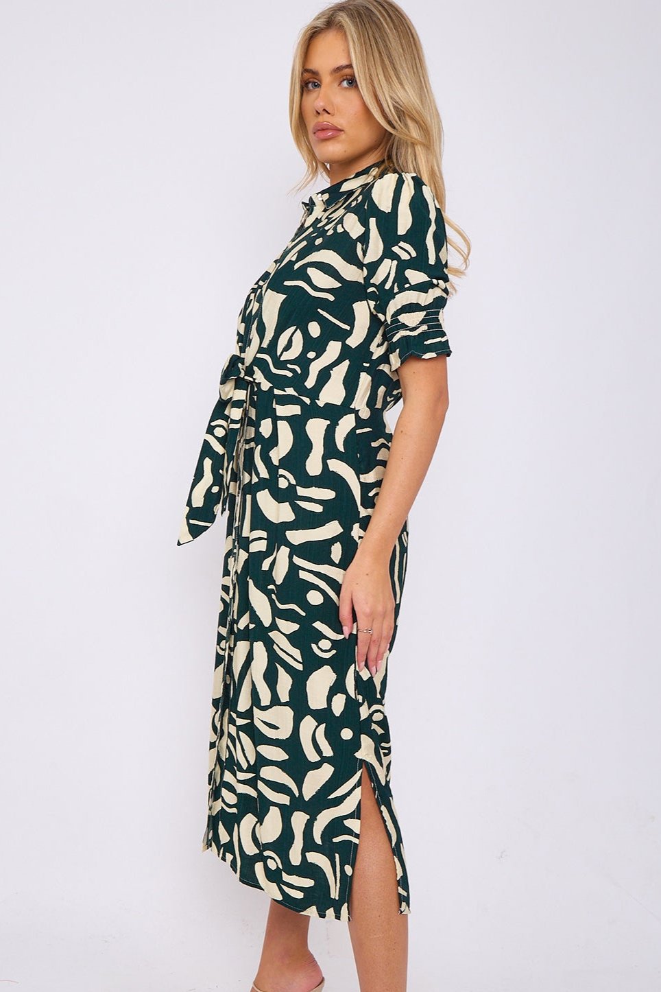 8Pcs Emerald Abstract Print Short Sleeve Knot Waist Midi Dress