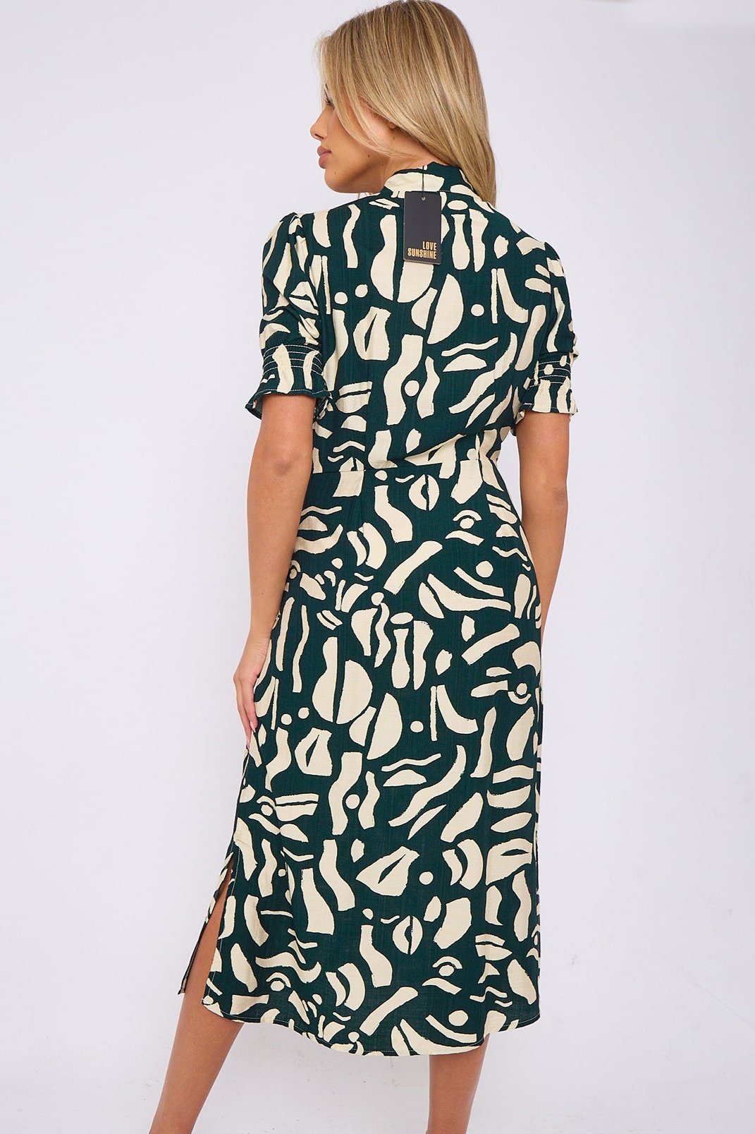 8Pcs Emerald Abstract Print Short Sleeve Knot Waist Midi Dress