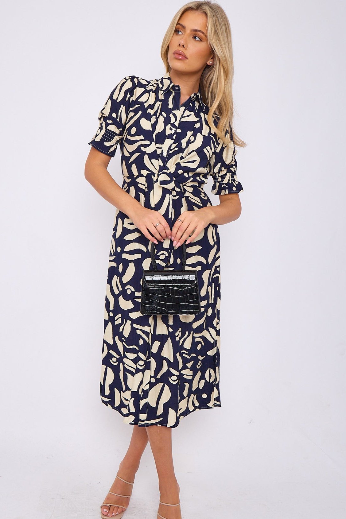8Pcs Navy Abstract Print Short Sleeve Knot Waist Midi Dress