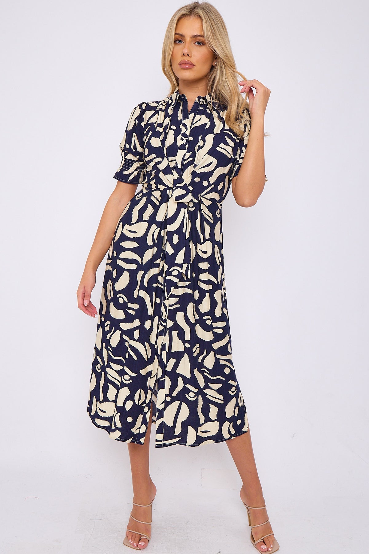 8Pcs Navy Abstract Print Short Sleeve Knot Waist Midi Dress