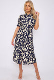 8Pcs Navy Abstract Print Short Sleeve Knot Waist Midi Dress