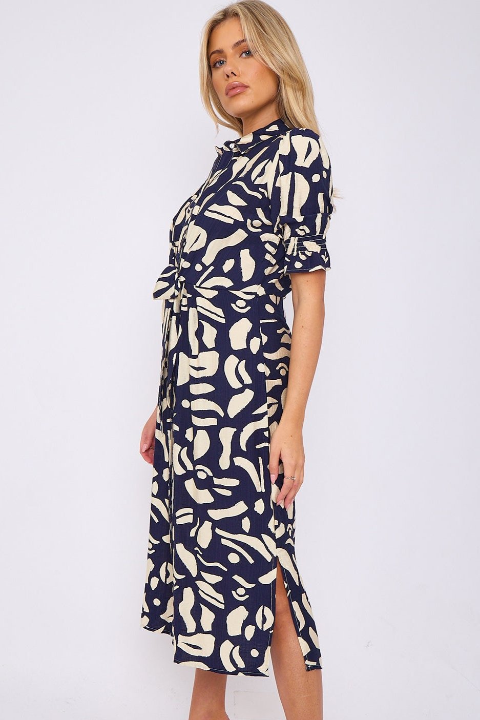 8Pcs Navy Abstract Print Short Sleeve Knot Waist Midi Dress