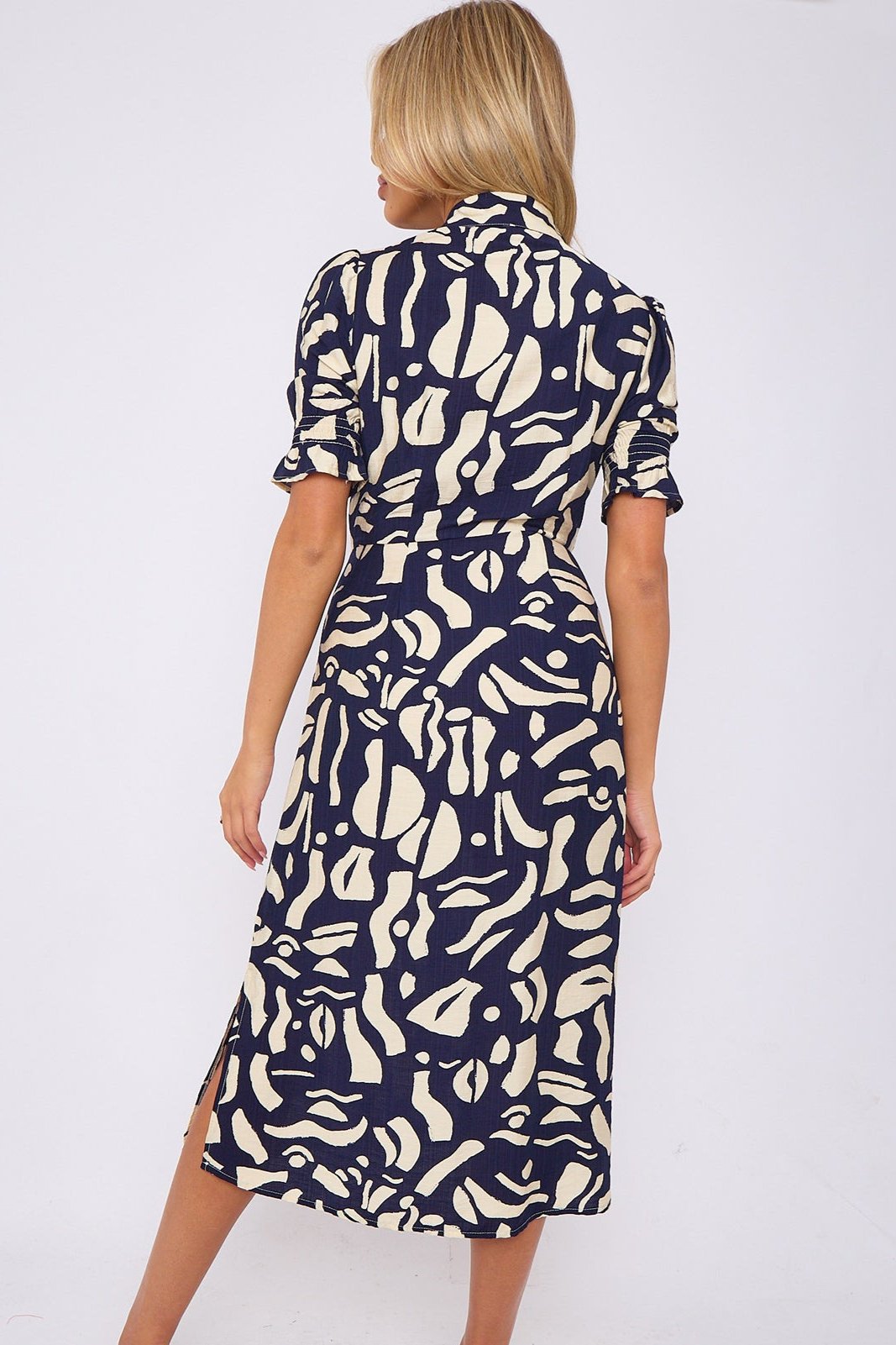 8Pcs Navy Abstract Print Short Sleeve Knot Waist Midi Dress