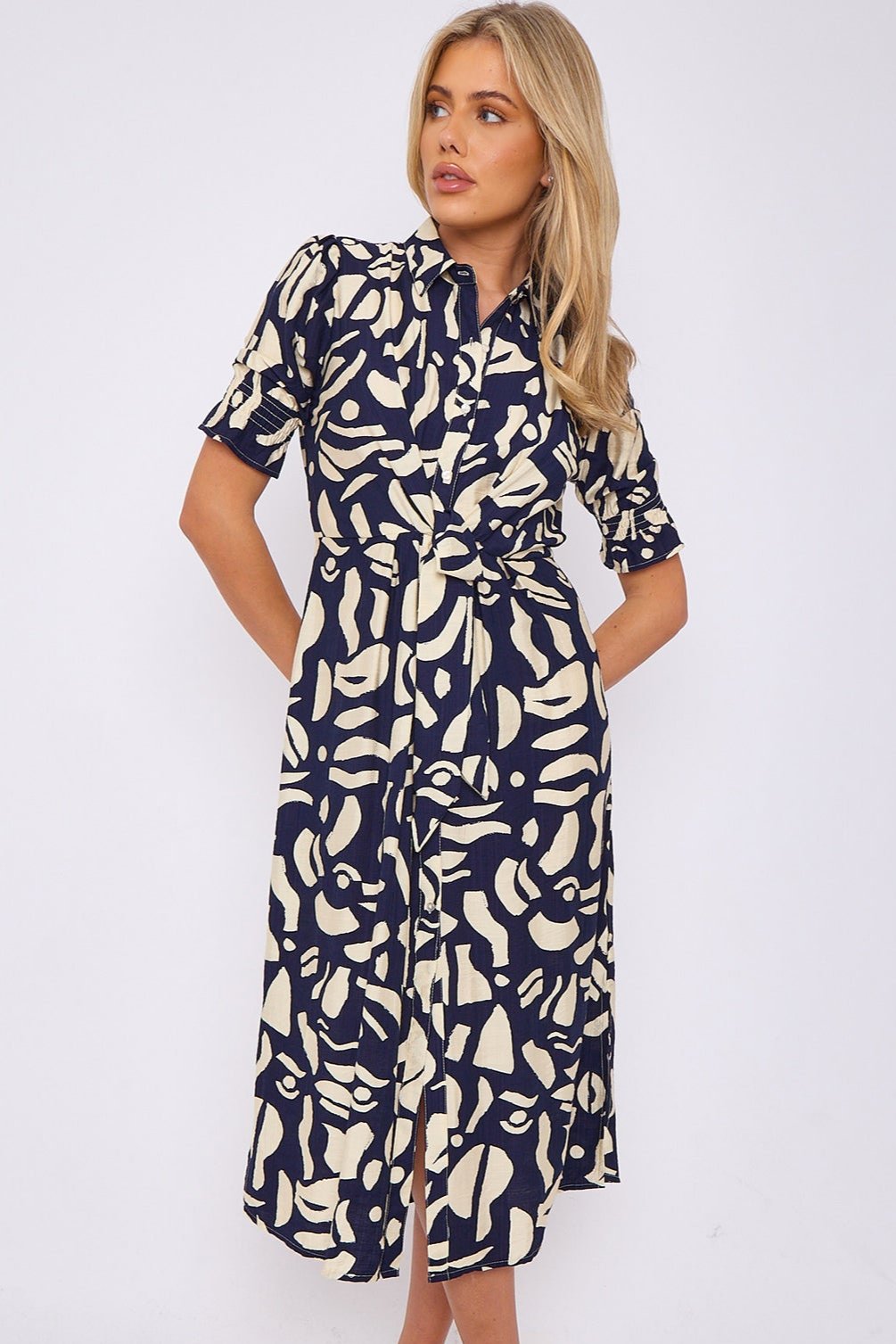 8Pcs Navy Abstract Print Short Sleeve Knot Waist Midi Dress