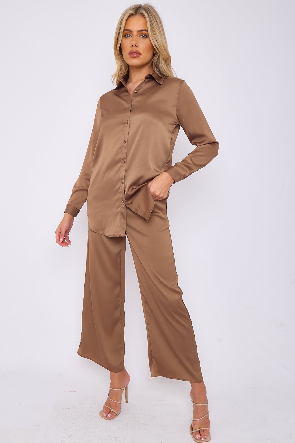 6Pcs Caramel Brown Satin Co-ord Shirt and Trousers Set
